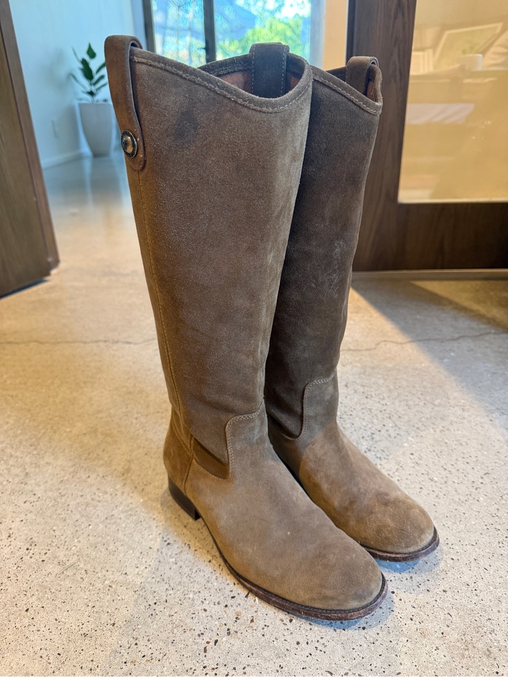 FRYE Melissa Button Tall Suede Riding Boots Taupe Brown